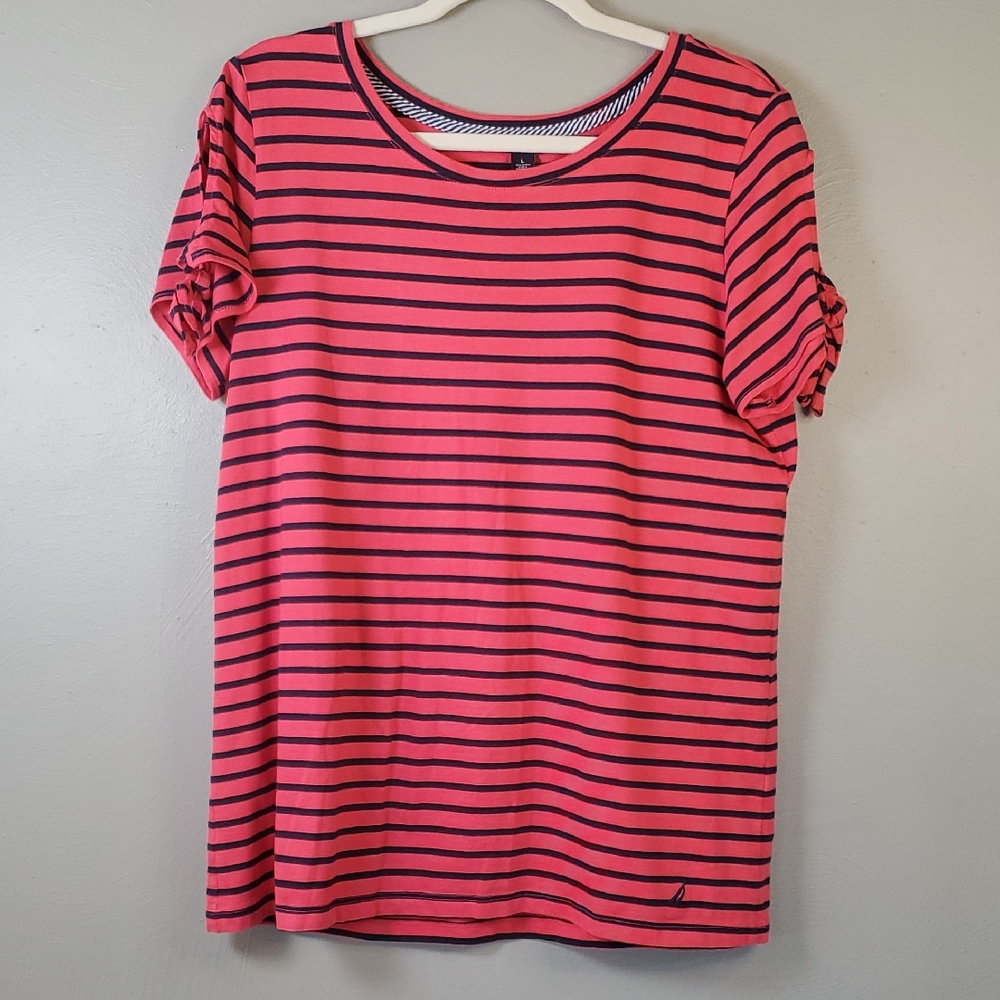 Nautica Striped Short, Tied Sleeve Top. Size Large